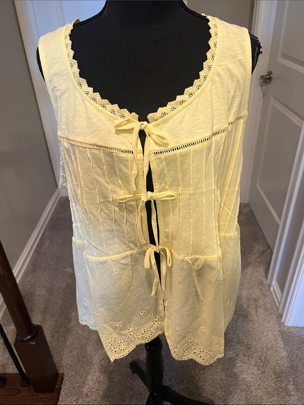 Cato Pale Yellow Tie-Front Eyelet Tank